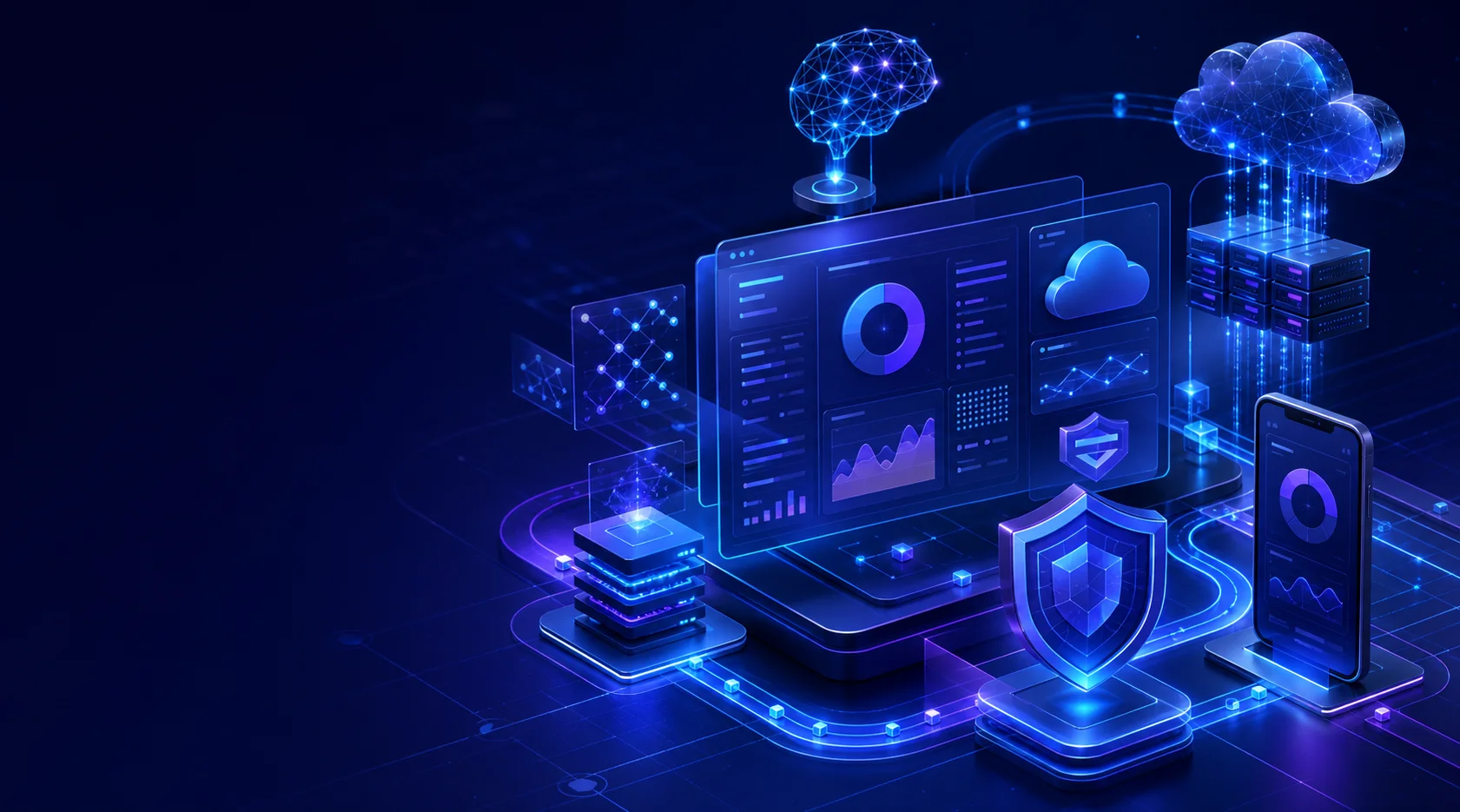 Futuristic connected software, mobile, AI, cloud and cybersecurity ecosystem